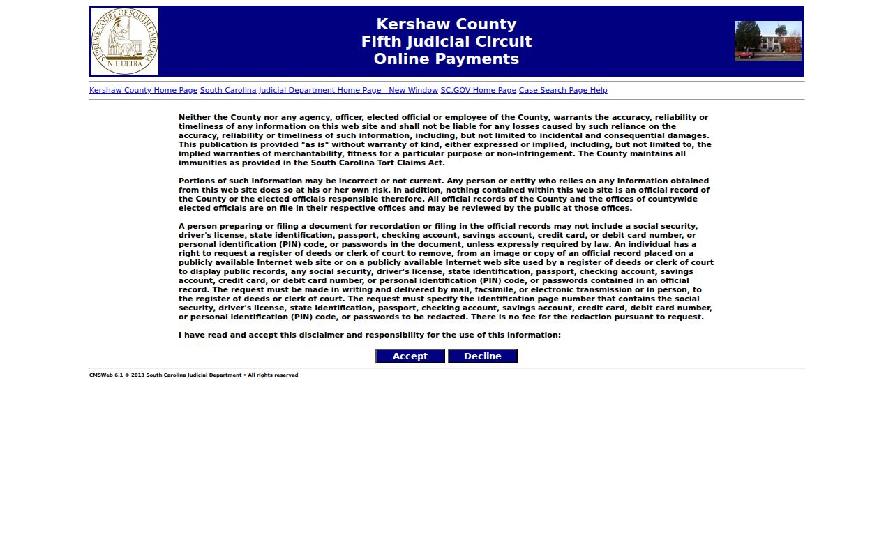 Kershaw County court payment portal entry screen