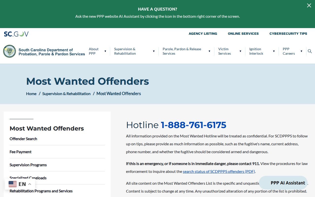 Kershaw County warrant tip information and statewide program hotline