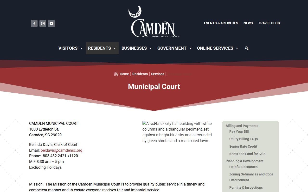 Camden municipal court warrant records and City Hall contact page