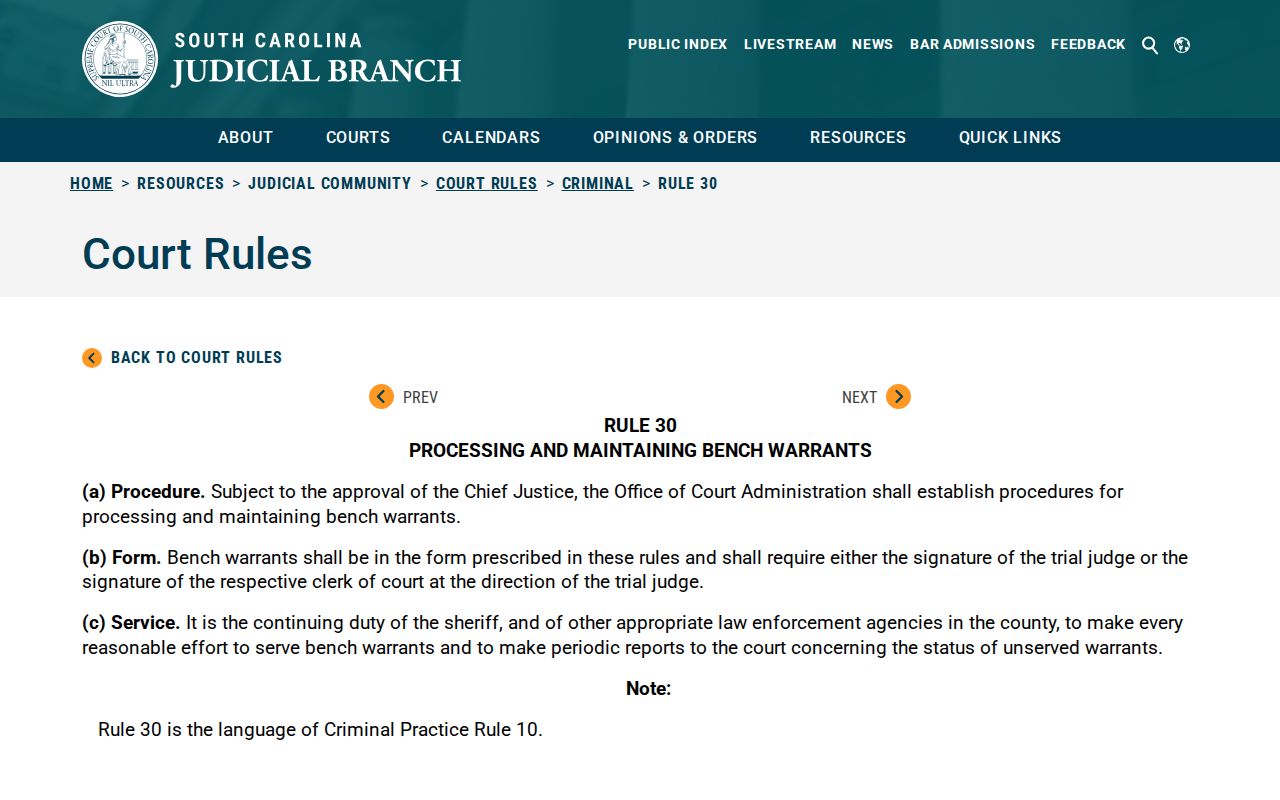 Kershaw County bench warrant records and South Carolina Rule 30 reference